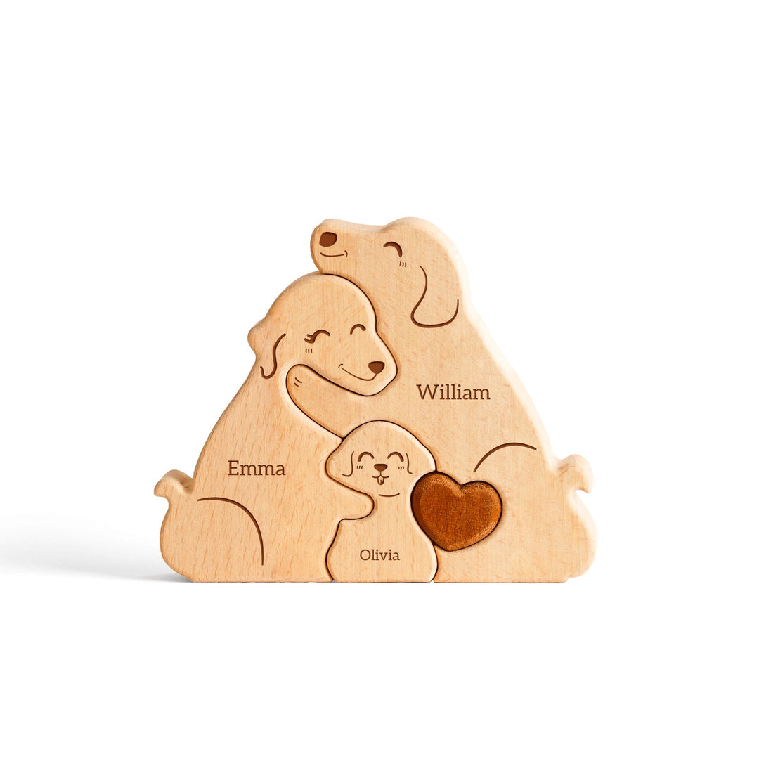 Personalized wooden family puzzle featuring three dogs with names Emma, William, and Olivia, symbolizing family love.