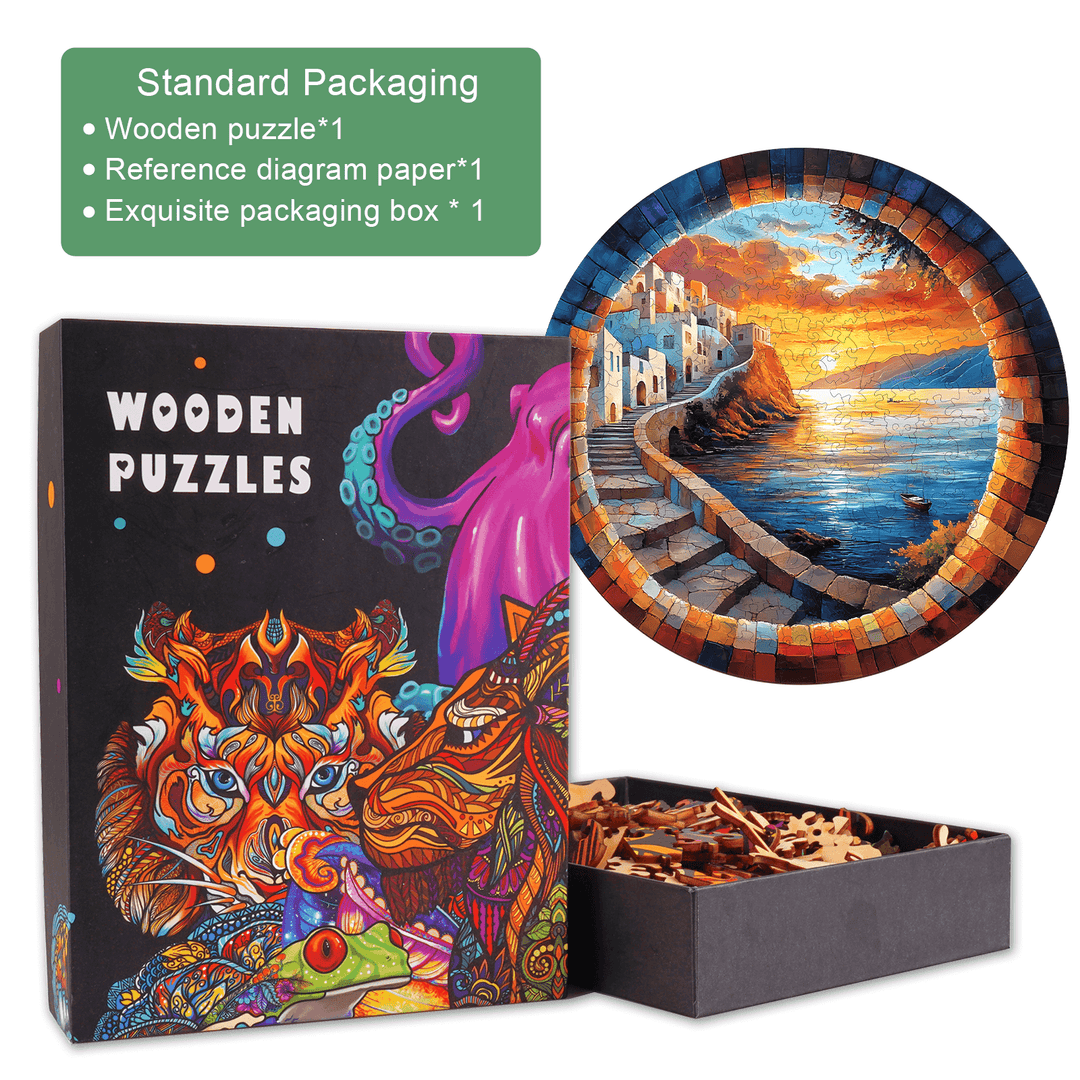 Capri wooden jigsaw puzzle in a colorful box, showcasing intricate artwork and puzzle pieces for brain training.