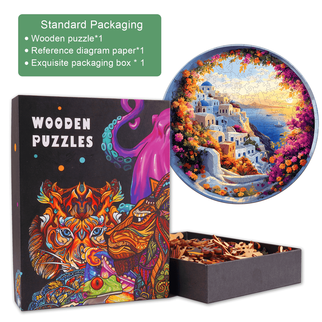 Santorini wooden jigsaw puzzle with vibrant packaging and pieces in a decoratively designed box.