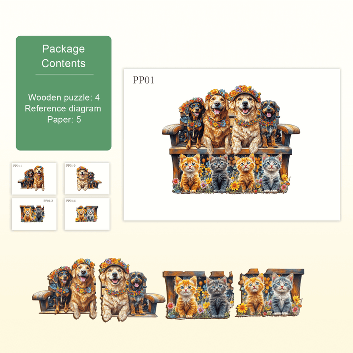 Wooden Party Puzzle-Pets featuring dogs and cats on a bench, designed for engaging and fun jigsaw puzzle experience.