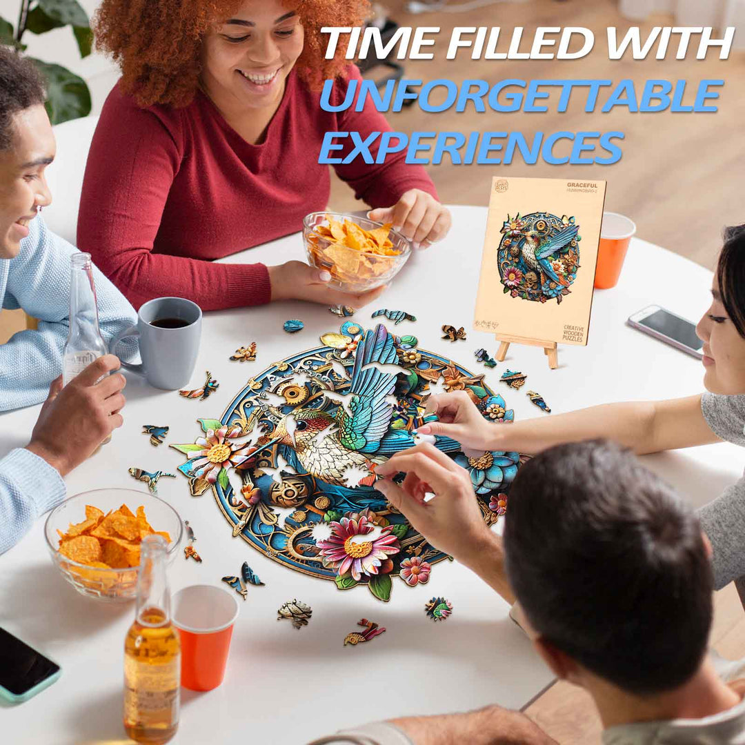 Group of friends enjoying the Graceful Hummingbird-2 wooden jigsaw puzzle during a fun gathering.