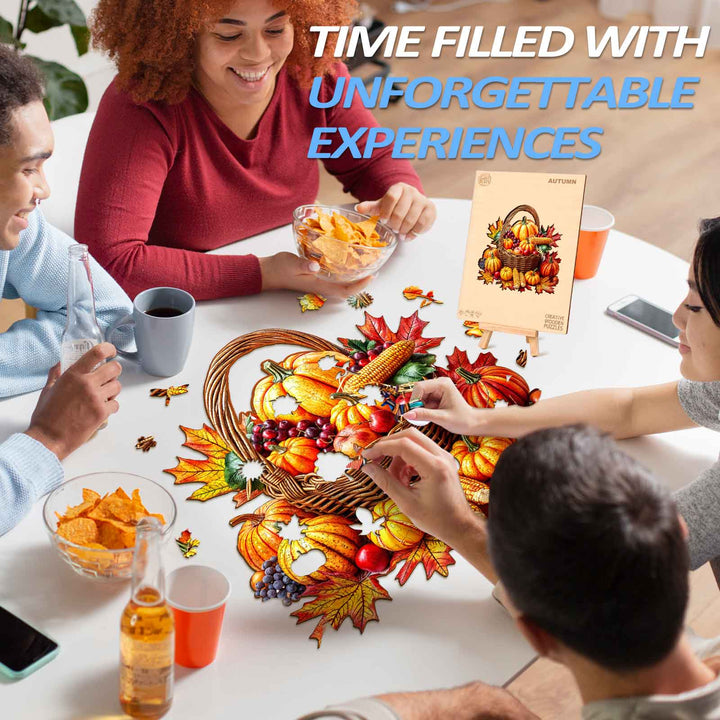 People enjoying an Autumn wooden jigsaw puzzle together, fostering focus and unforgettable experiences.