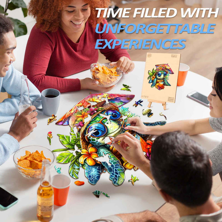 Group of friends enjoying the Beach Turtle Wooden Jigsaw Puzzle, fostering fun and unforgettable experiences together.