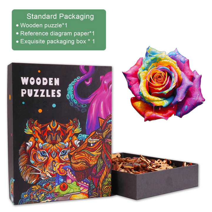 Colorful Rose Wooden Jigsaw Puzzle with exquisite packaging and reference diagram for brain training and fun.