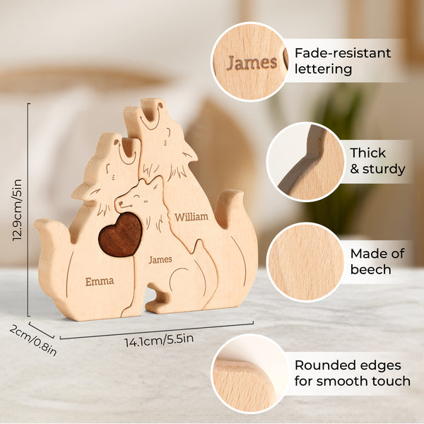 Wooden wolf family puzzle featuring personalized names, crafted from beech with rounded edges for smooth touch.