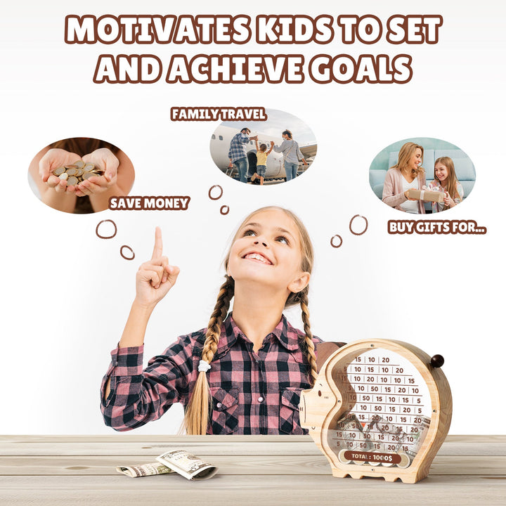 Girl pointing at piggy bank, motivating kids to save money for travel and gifts, educational savings tool.