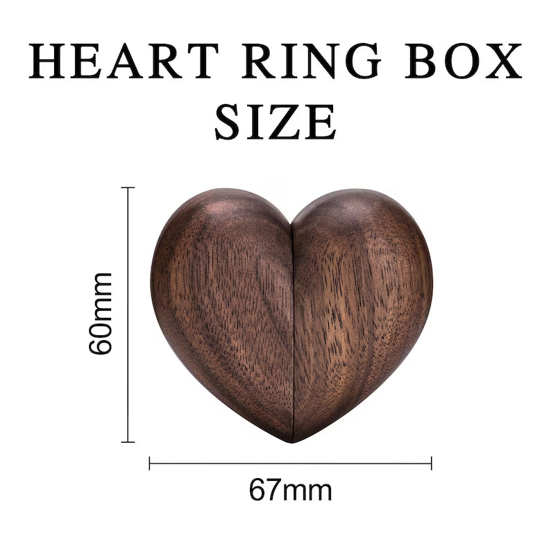Heart-shaped walnut ring box dimensions showcasing size: 60mm height and 67mm width, perfect for couples' rings.