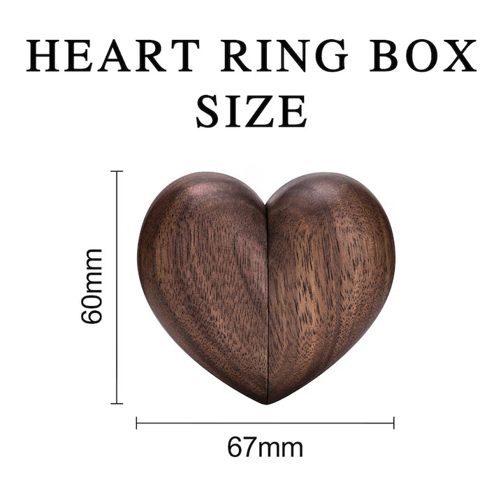 Heart-shaped walnut ring box dimensions showcasing size: 60mm height and 67mm width, perfect for couples' rings.