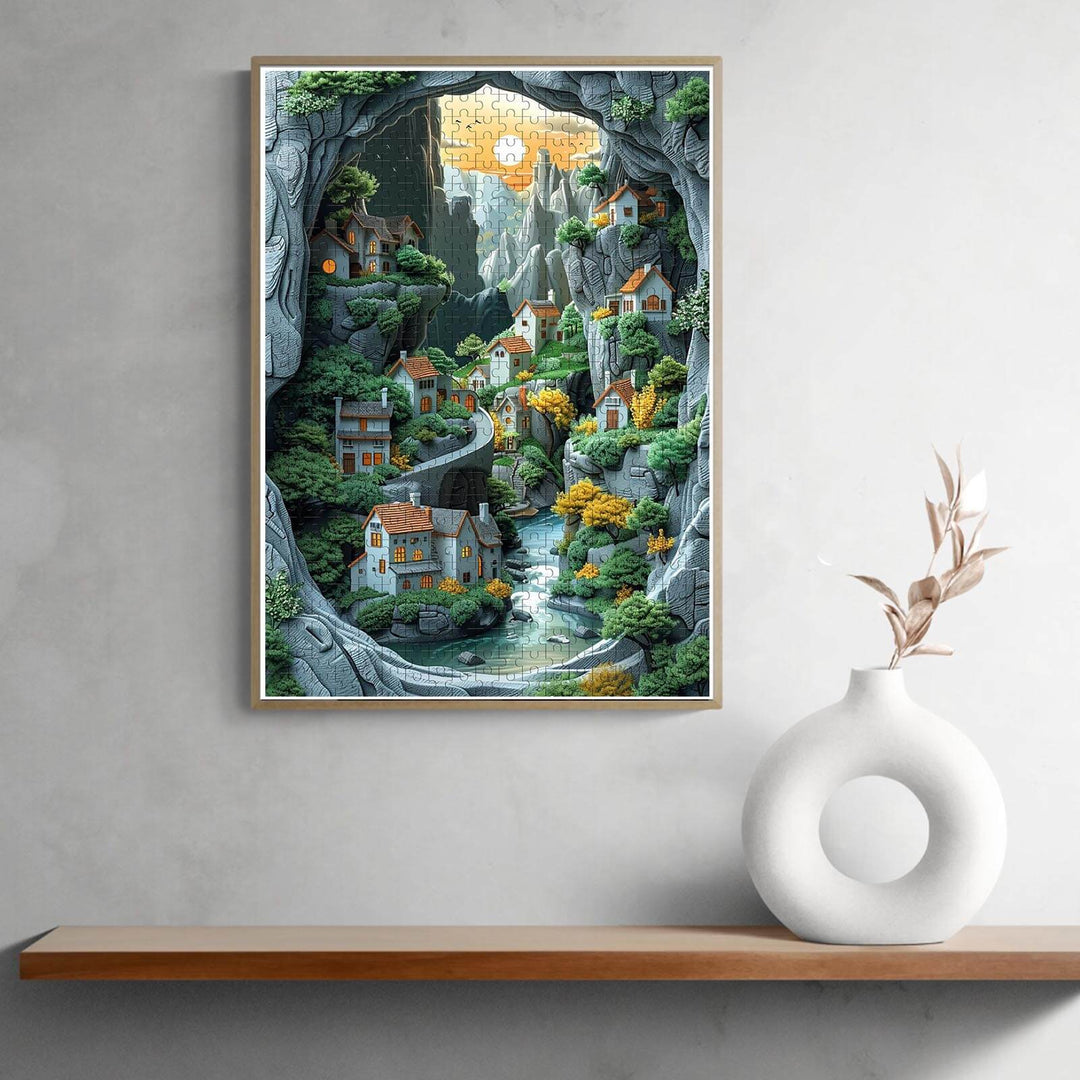 Colorful Paradise jigsaw puzzle artwork featuring charming houses in a lush, green valley surrounded by mountains.