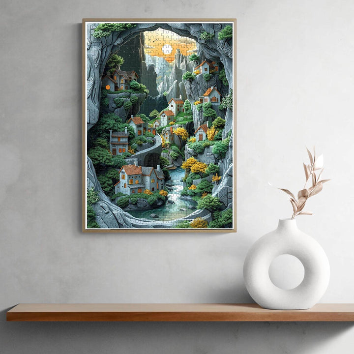 Colorful Paradise jigsaw puzzle artwork featuring charming houses in a lush, green valley surrounded by mountains.