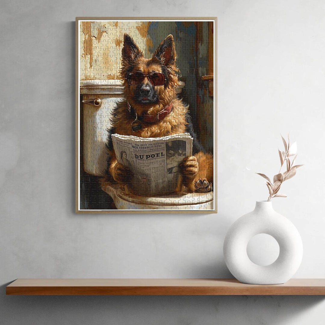 Handsome German Shepherd wearing sunglasses, reading a newspaper while sitting on a toilet, humorous artwork.