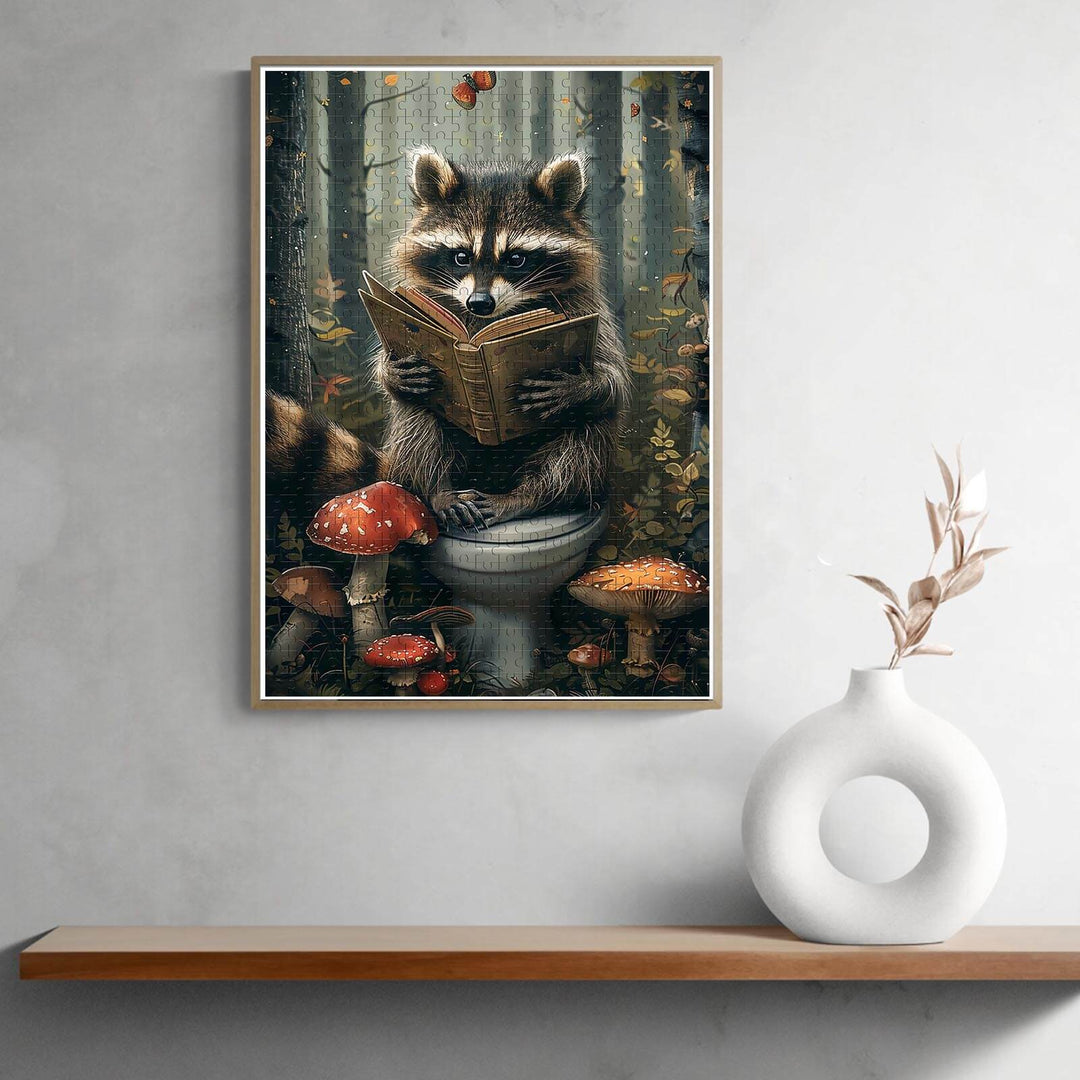 Studious Raccoon reading a book among mushrooms, perfect for puzzle lovers and mind game enthusiasts.