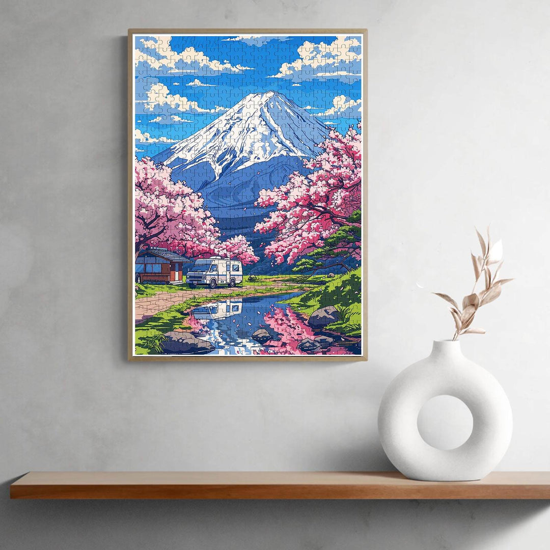 Colorful Mount Fuji jigsaw puzzle design featuring cherry blossoms and a serene landscape, perfect for puzzle lovers.