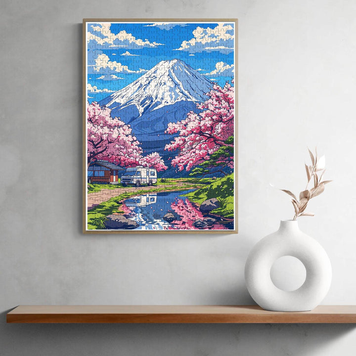 Colorful Mount Fuji jigsaw puzzle design featuring cherry blossoms and a serene landscape, perfect for puzzle lovers.