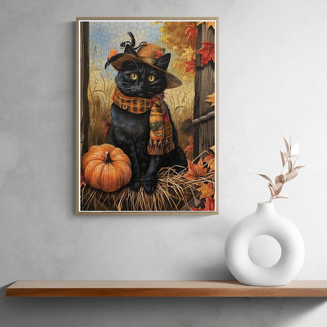 Black cat in a hat with pumpkin, featured in the Mr. Cat 500/1000 piece puzzle for jigsaw lovers.