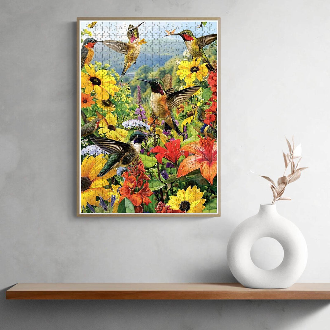 Colorful hummingbird puzzle surrounded by flowers, enhancing focus and problem-solving skills for puzzle enthusiasts.