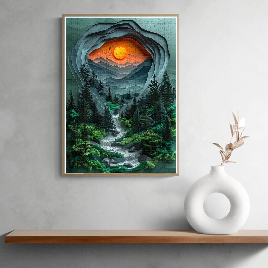 Jungle Sunset jigsaw puzzle featuring a vibrant sunset over a forested landscape with a river, ideal for puzzle enthusiasts.