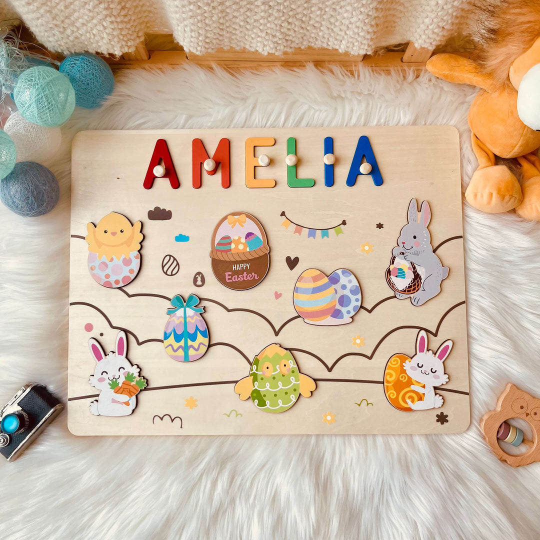 Puzzle en bois personnalisé avec prénom - Jouet lapin de Pâques et œuf pour tout-petits