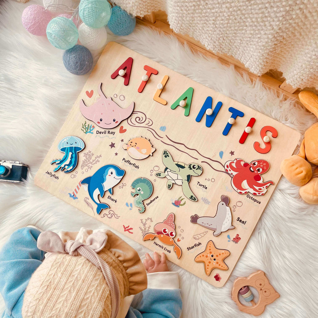Puzzle en bois personnalisé avec prénom - Jouet animaux marins pour tout-petits