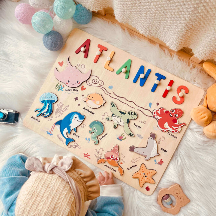 Puzzle en bois personnalisé avec prénom - Jouet animaux marins pour tout-petits