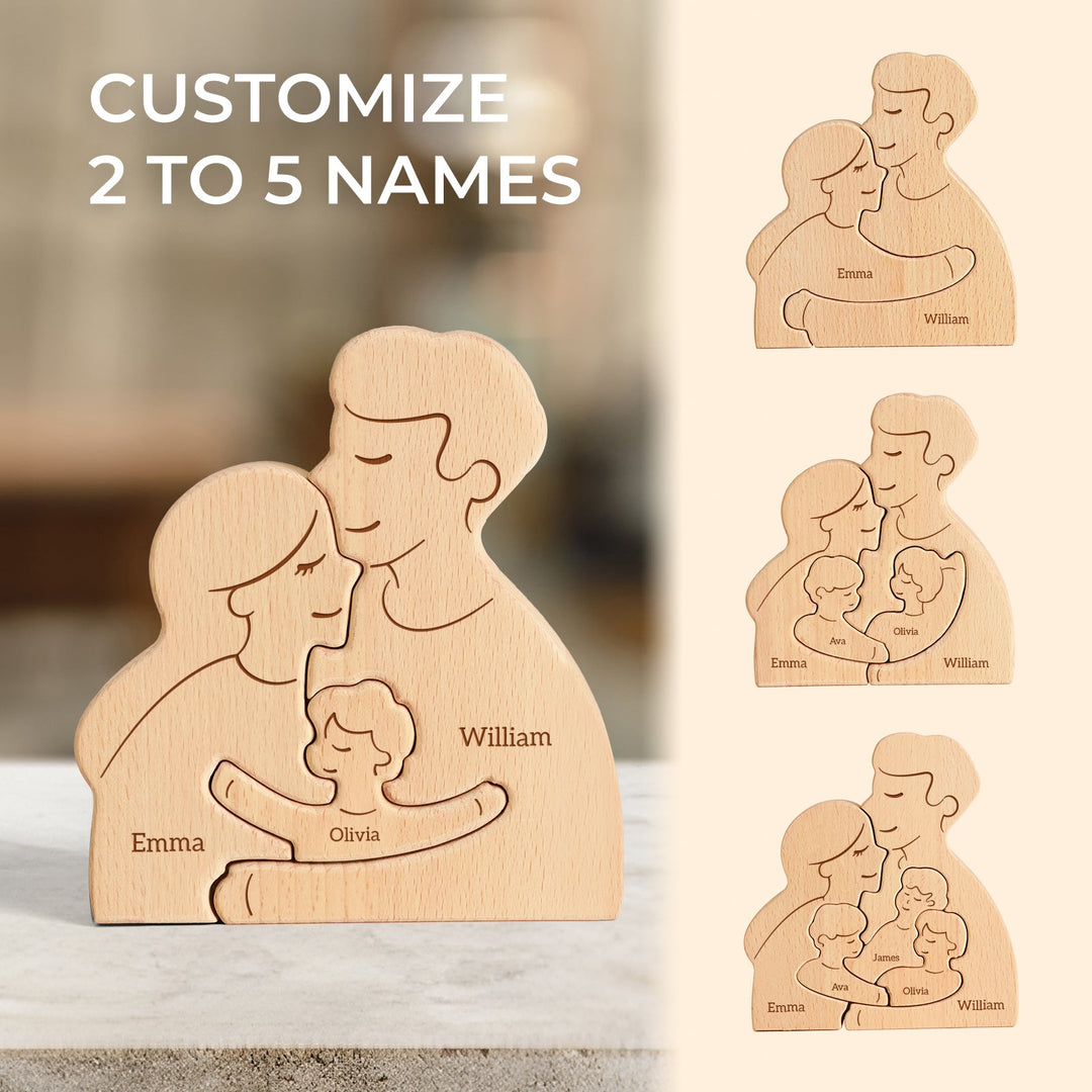 Customized wooden family name puzzle featuring names and a loving design, ideal for family decor and gifts.