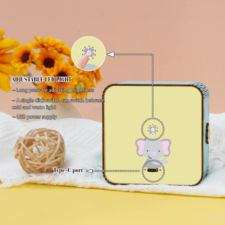Adjustable LED light in 3D elephant night light with USB power supply and Type-C port, perfect for home decor.