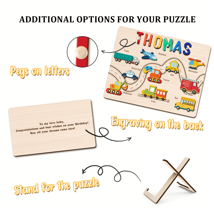 Personalized Traffic Name Puzzle showcasing colorful vehicles, customizable name, and optional engraving and stand.