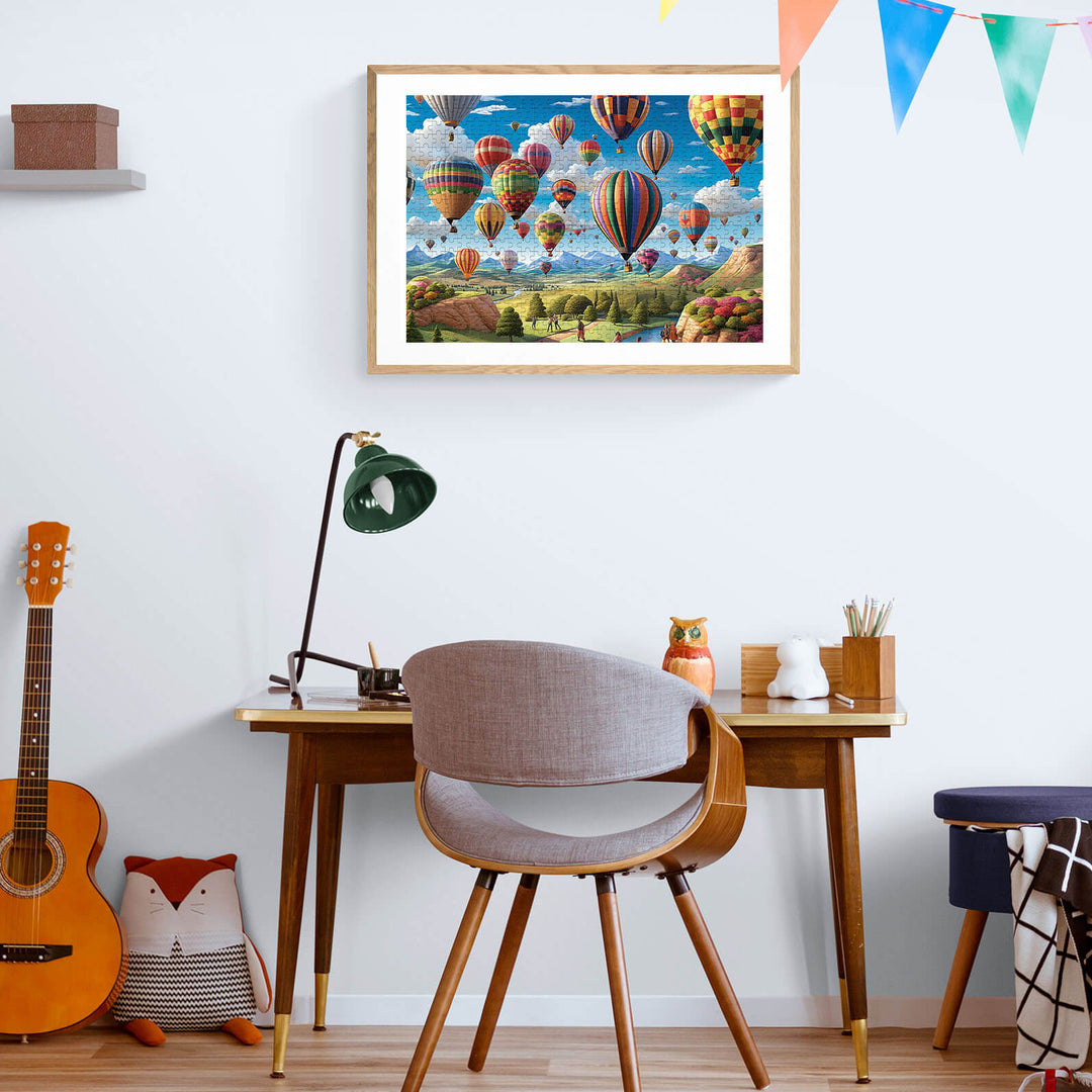 Colorful hot air balloons floating in the sky, framed puzzle art on a stylish desk with decor.