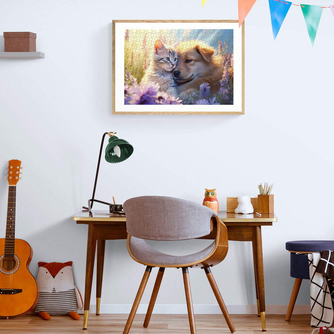 Cozy home office with a framed cat and dog painting, guitar, and desk accessories in a bright, cheerful atmosphere.