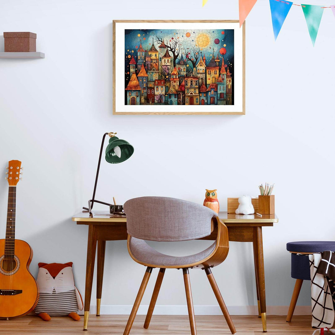 Colorful Weird Town jigsaw puzzle framed on a wall above a modern desk with a guitar and decor.