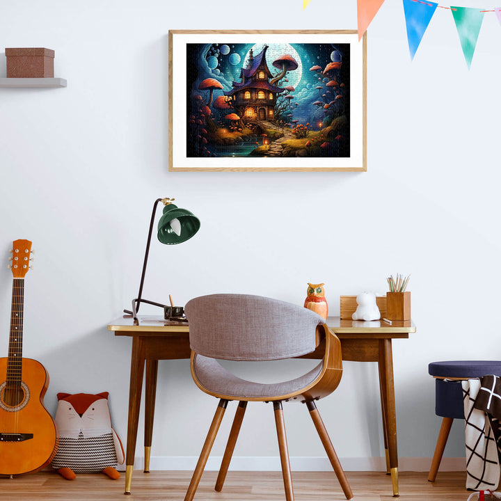 Weird Castle puzzle framed art in a cozy workspace, surrounded by decor and colorful banners.