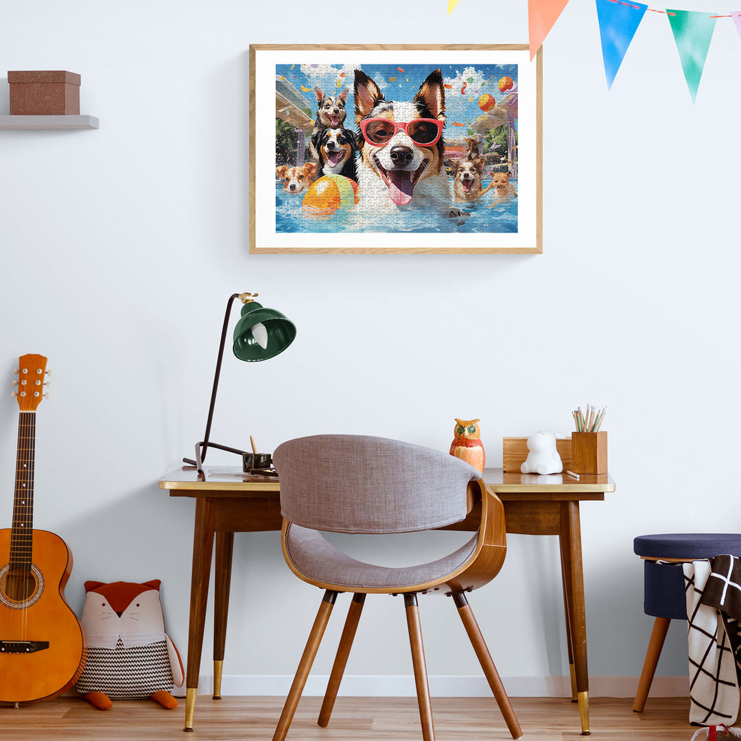 Colorful puppy pool puzzle in a cozy workspace, featuring dogs in sunglasses enjoying summer fun.