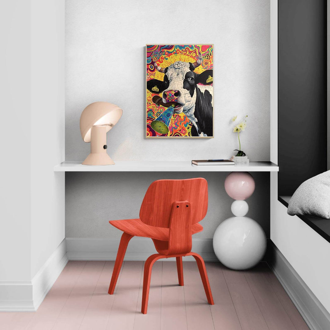 Colorful Crazy Cow puzzle displayed in a modern room with a stylish orange chair and decorative lamp.