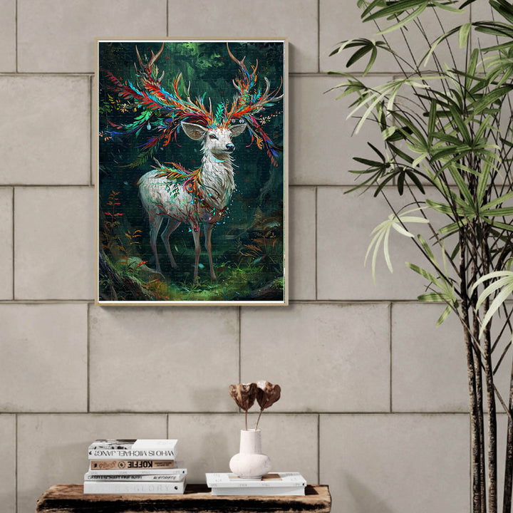 Colorful deer artwork with vibrant antlers in a modern interior setting, symbolizing nature and creativity.