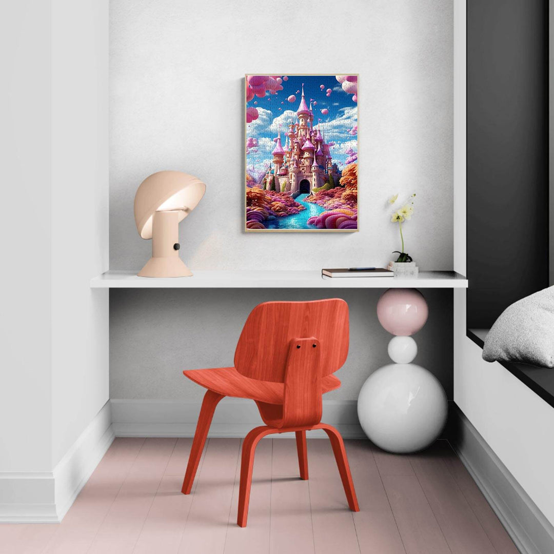Colorful Dream Castle puzzle artwork displayed in a bright and modern interior with a stylish chair and lamp.