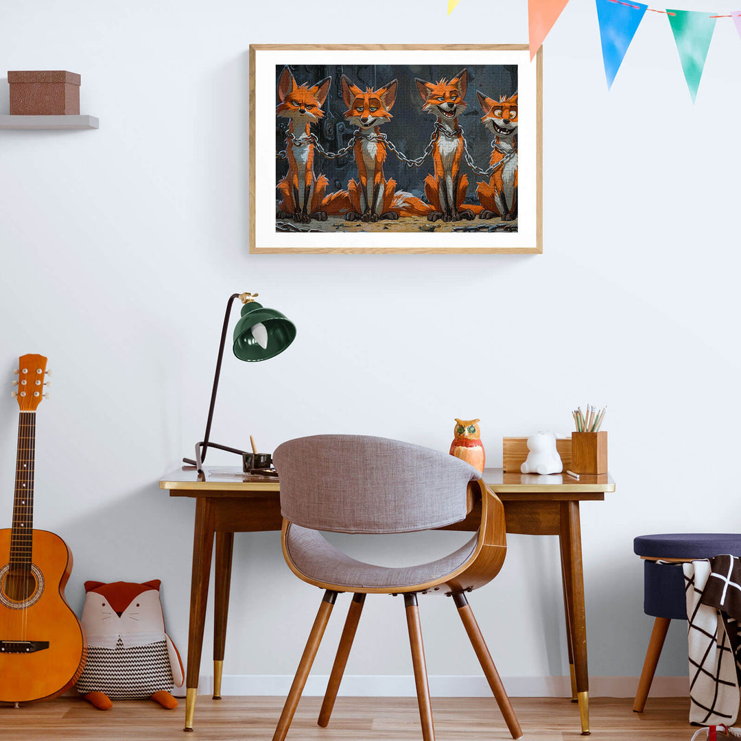 A cozy workspace with a framed fox art piece, guitar, and desk lamp, showcasing vibrant colors and decorations.