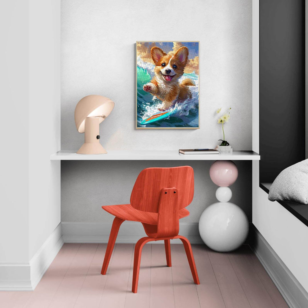 Colorful artwork of a surfing corgi in a modern room with a stylish chair and lamp.