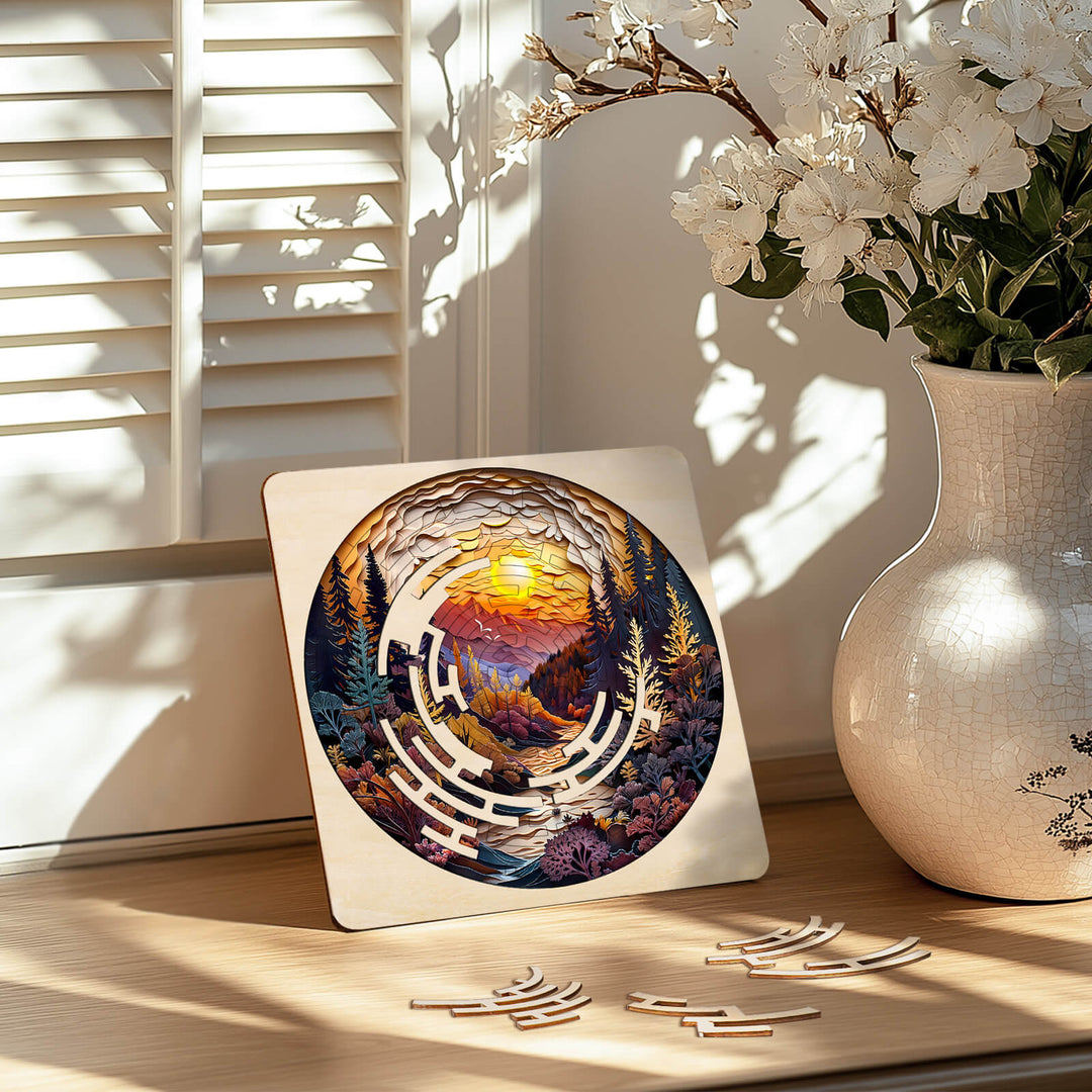 Maze Puzzles—Autumn Forest on a wooden table, showcasing intricate design and vivid autumn colors, perfect for brain training.