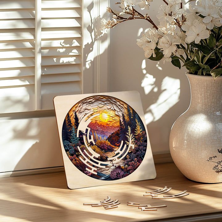 Maze Puzzles—Autumn Forest on a wooden table, showcasing intricate design and vivid autumn colors, perfect for brain training.