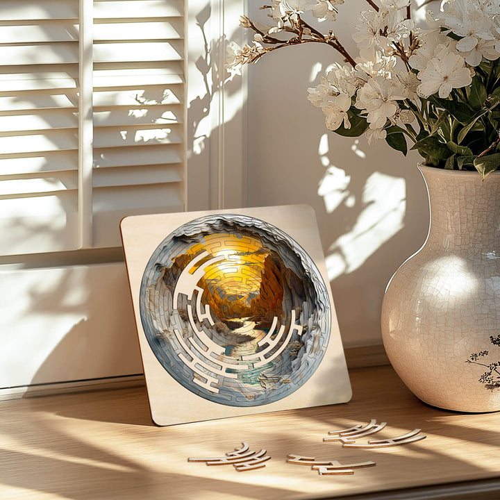 Maze Puzzles—Golden River placed on a table, surrounded by flowers, showcasing its intricate jigsaw design.