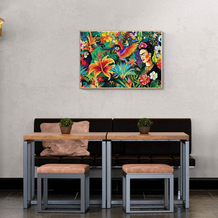 Colorful artwork featuring flowers and a parrot on display above a modern dining table with wooden stools.