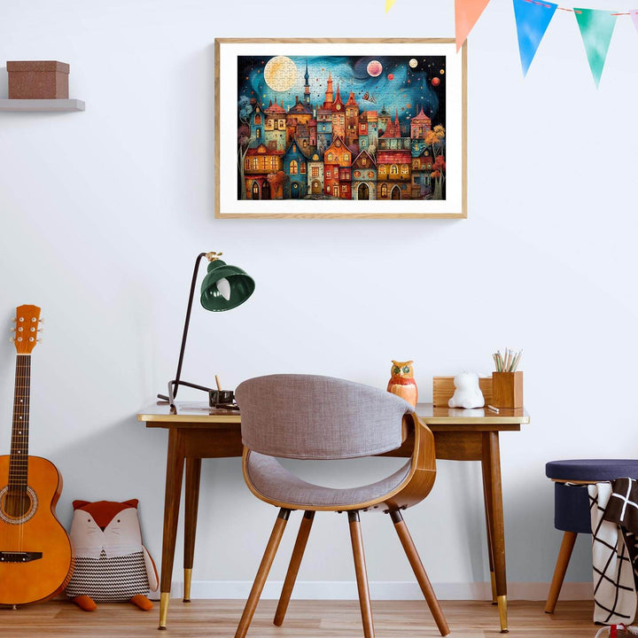 Weird Town-2 puzzle artwork displayed in a cozy study with colorful decor and furniture.