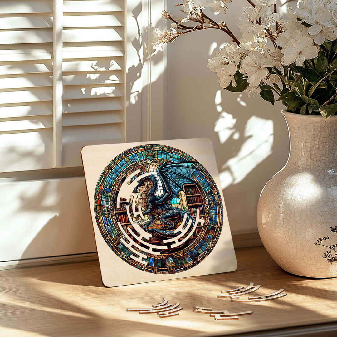 Maze Puzzles—Library Dragon jigsaw puzzle displayed in a sunlit room with flowers, promoting focus and mental skills.