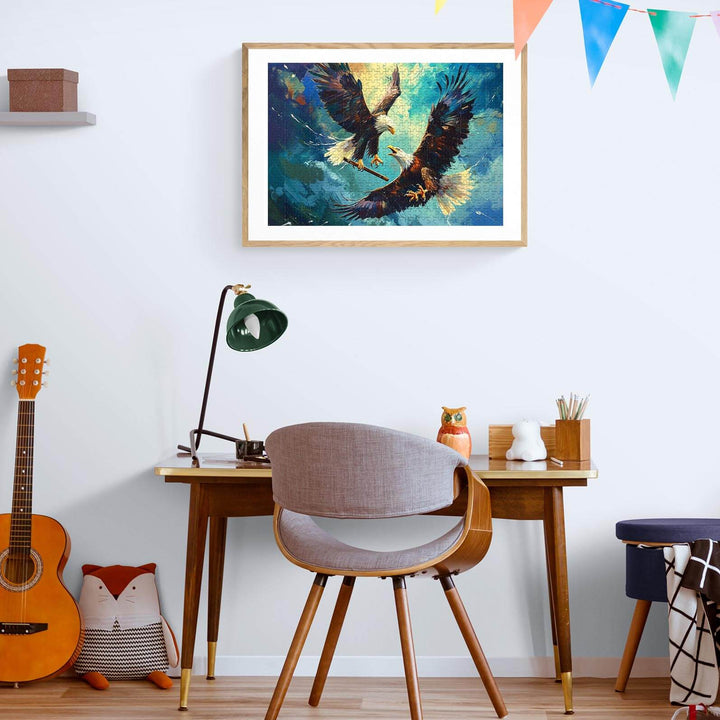 Freedom Eagle puzzle artwork above a stylish desk in a cozy room, featuring vibrant colors and dynamic eagle imagery.