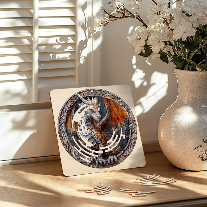 Maze Puzzles—Mighty Dragon on a wooden surface, surrounded by flowers, enhancing focus and cognitive skills.