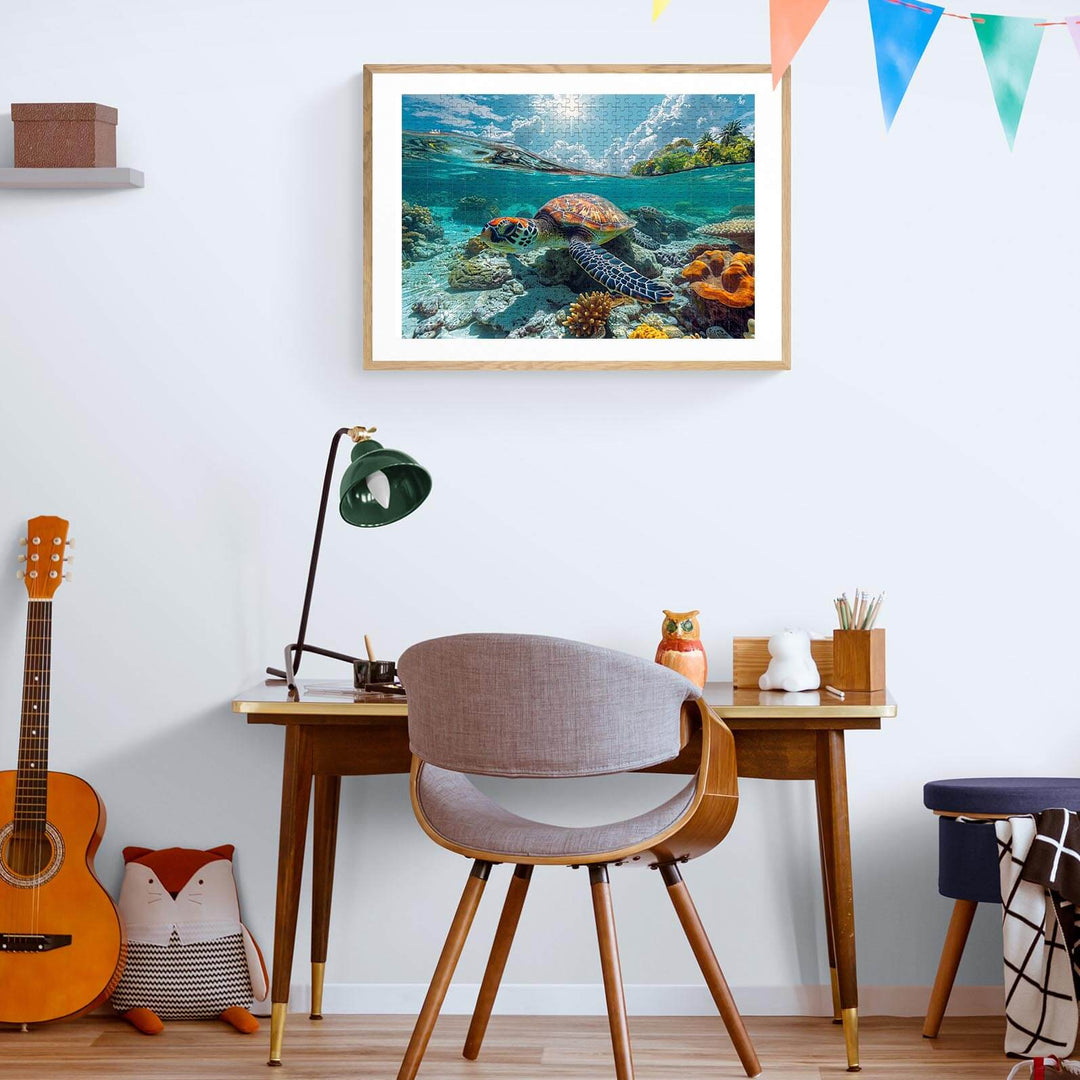 Framed sea turtles puzzle artwork displayed in a cozy workspace with wooden desk and colorful decor.
