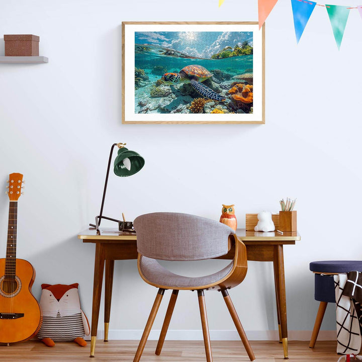 Framed sea turtles puzzle artwork displayed in a cozy workspace with wooden desk and colorful decor.