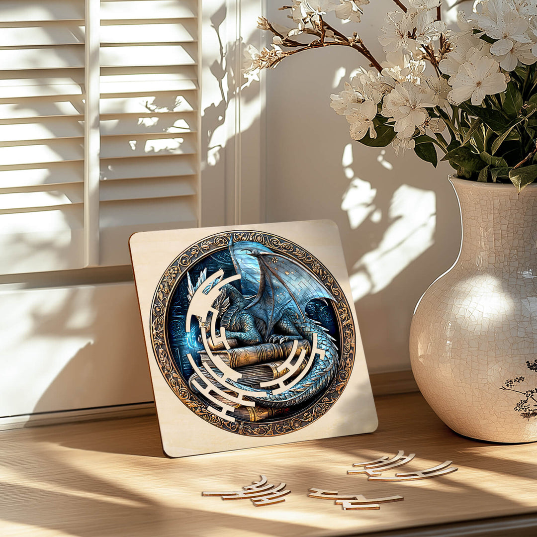 Maze Puzzles—Ancient protector displayed on a table, surrounded by flowers, enhancing focus and cognitive skills.