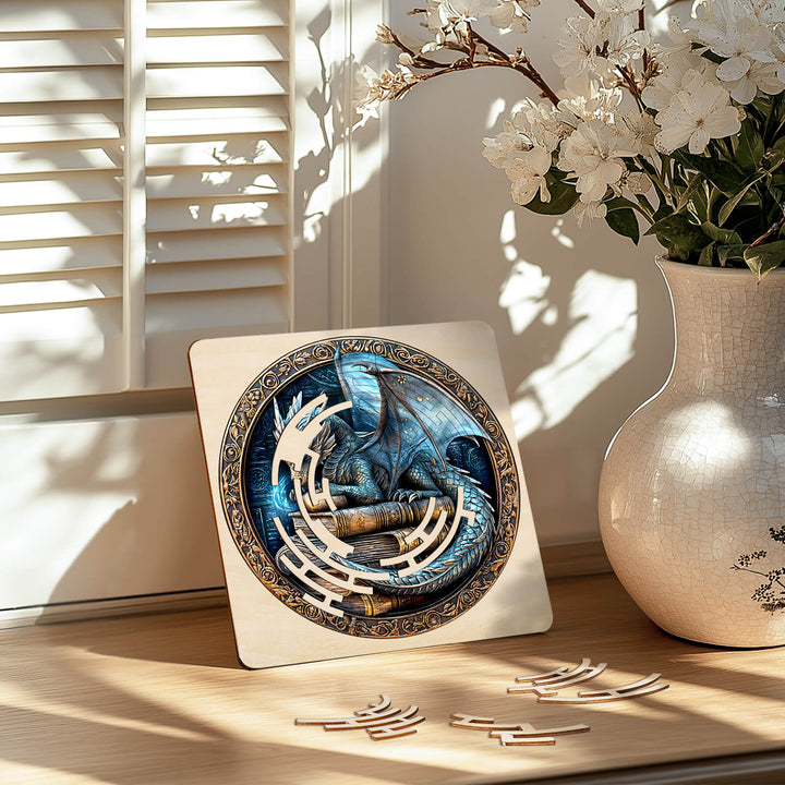 Maze Puzzles—Ancient protector displayed on a table, surrounded by flowers, enhancing focus and cognitive skills.