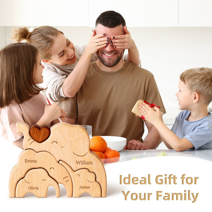 Happy family enjoying a personalized wooden elephant puzzle gift, symbolizing love and togetherness.